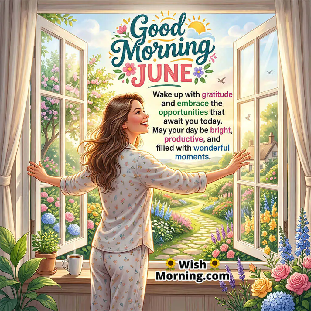 June Good Morning Opportunities Message Image featuring a woman welcoming the morning breeze through open windows overlooking a vibrant flower garden symbolizing optimism, growth, and wonderful moments ahead.