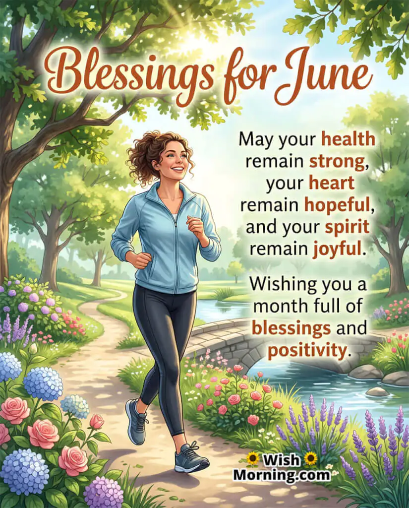 June Health and Happiness Blessing Message Image featuring a cheerful woman jogging through a flower-filled park beside a peaceful stream symbolizing health, strength, positivity, and joyful living.