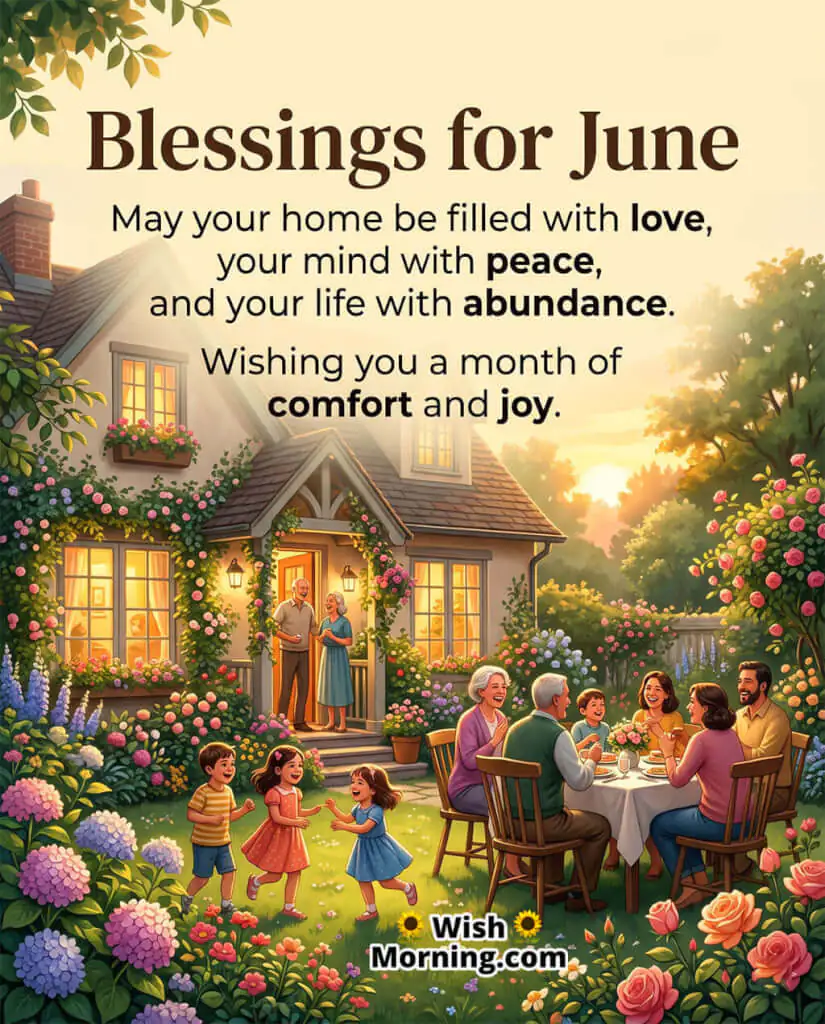 June Home Blessings Wish Image featuring a cozy countryside home, blooming gardens, and family members enjoying time together outdoors symbolizing love, comfort, peace, and prosperity throughout the month.