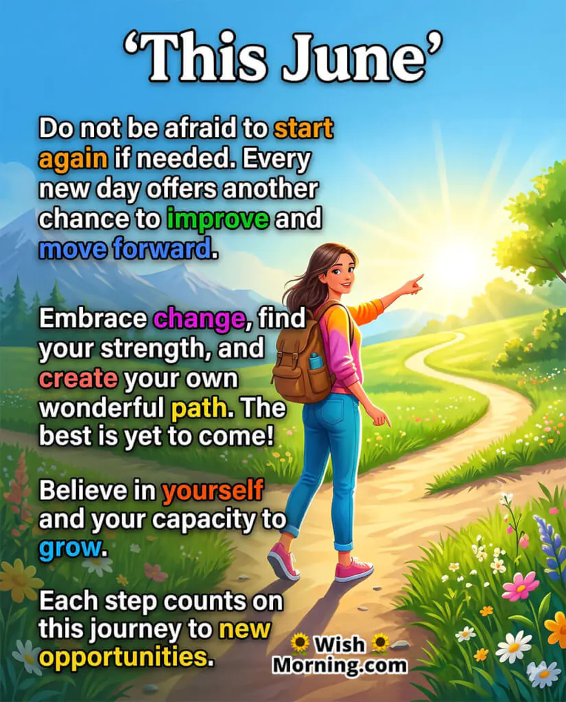 June New Opportunities Motivation Quote Image featuring a young woman with a backpack walking toward a bright sunrise along a winding countryside path symbolizing personal growth, fresh starts, and endless possibilities.