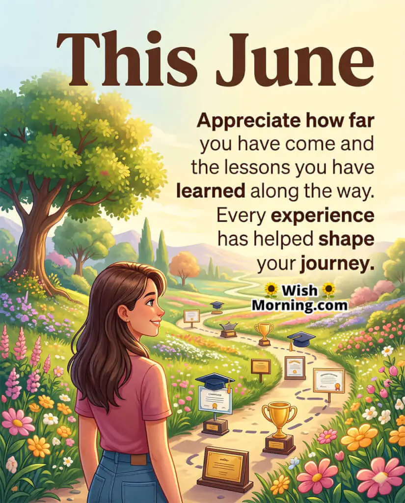 June Reflection and Growth Message Image featuring a woman looking across a pathway lined with trophies, certificates, and milestones in a colorful landscape symbolizing personal growth, learning, and progress.