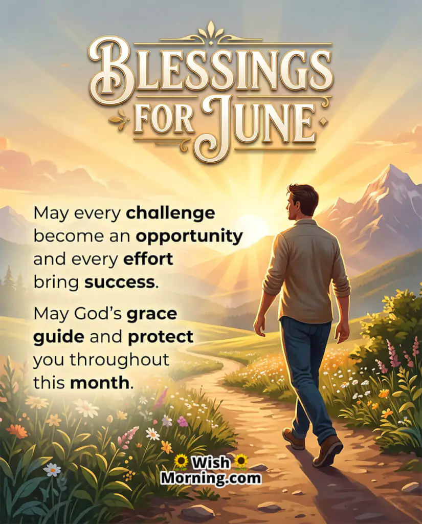 June Success and Grace Blessing Wish Image featuring a man walking confidently toward a glowing sunrise across a mountain pathway symbolizing success, divine guidance, courage, and new opportunities.