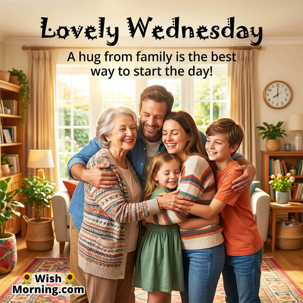 Lovely Wednesday Family Happiness Wish featuring a joyful family hugging together in a cozy living room symbolizing love, warmth, togetherness, and a happy Wednesday morning.