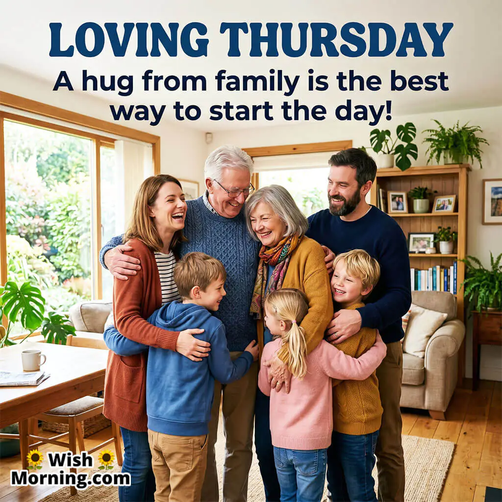 Loving Thursday Family Hug Message Photo featuring a joyful multi generation family sharing a warm group hug inside a cozy home symbolizing love, togetherness, and happiness.