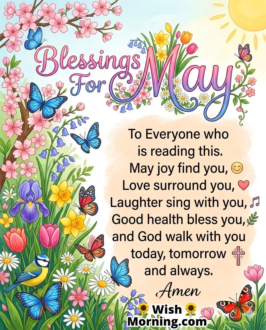 May Blessings Joy Love and Peaceful Life Message Image featuring flowers, soft light, and serene background symbolizing happiness, love, laughter, good health, and God’s guidance.