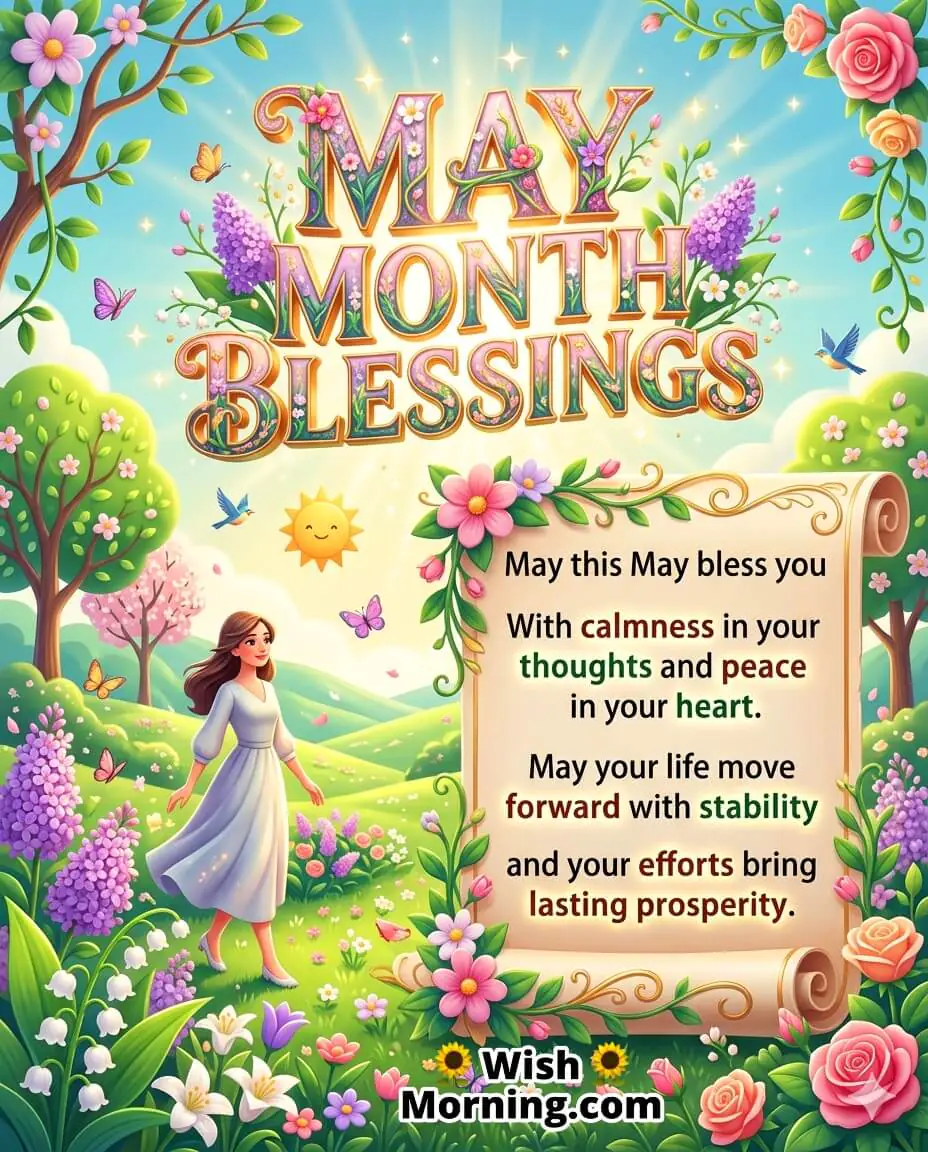 May Blessings for Peace and Prosperity Message Image featuring serene light, flowers, and calm background symbolizing stability, inner peace, and lasting success.