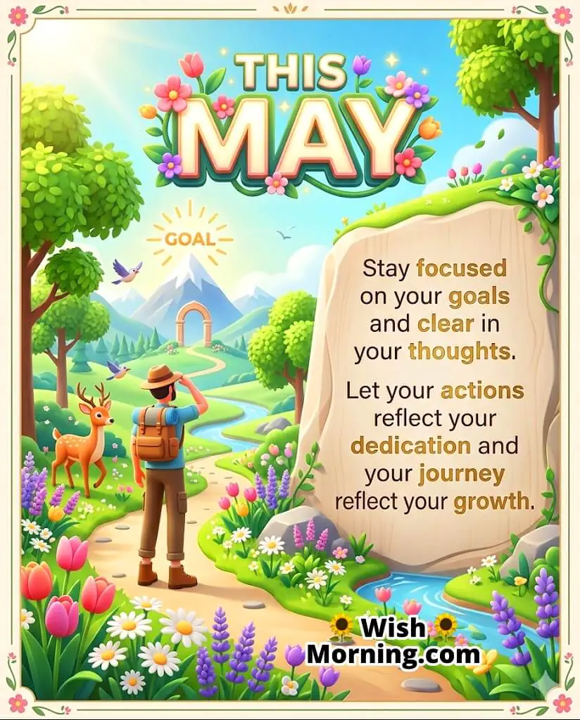 May Focus and Growth Message Image featuring sunrise path and greenery symbolizing clarity, dedication, progress, and personal growth.