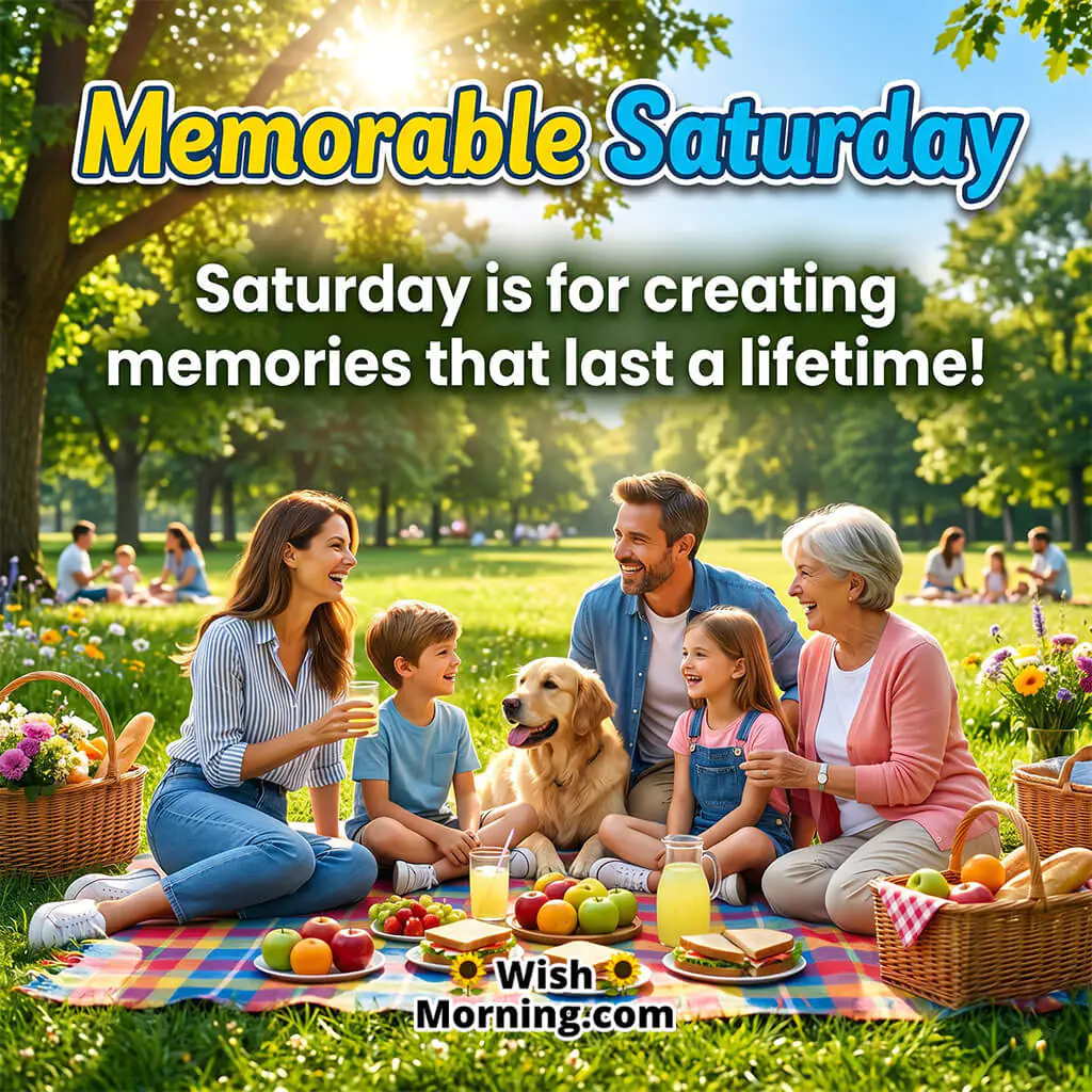 Memorable Saturday Family Moments Message featuring a joyful family enjoying a picnic in a sunny green park with food baskets, flowers, and a playful dog symbolizing togetherness, happiness, and beautiful weekend memories.