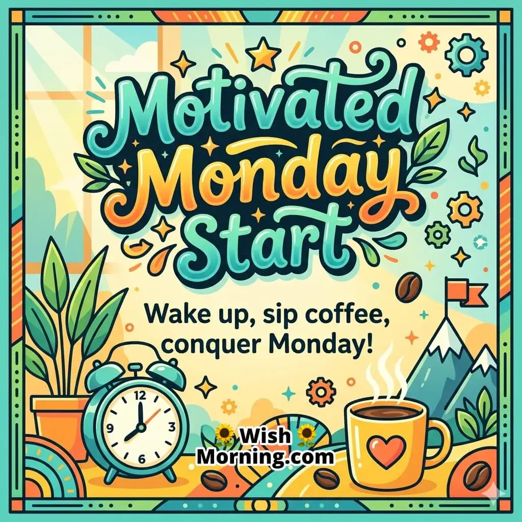 Motivated Monday Start Coffee Energy Wish featuring alarm clock, coffee cup, bright workspace, and colorful elements symbolizing energy, focus, and a productive beginning.