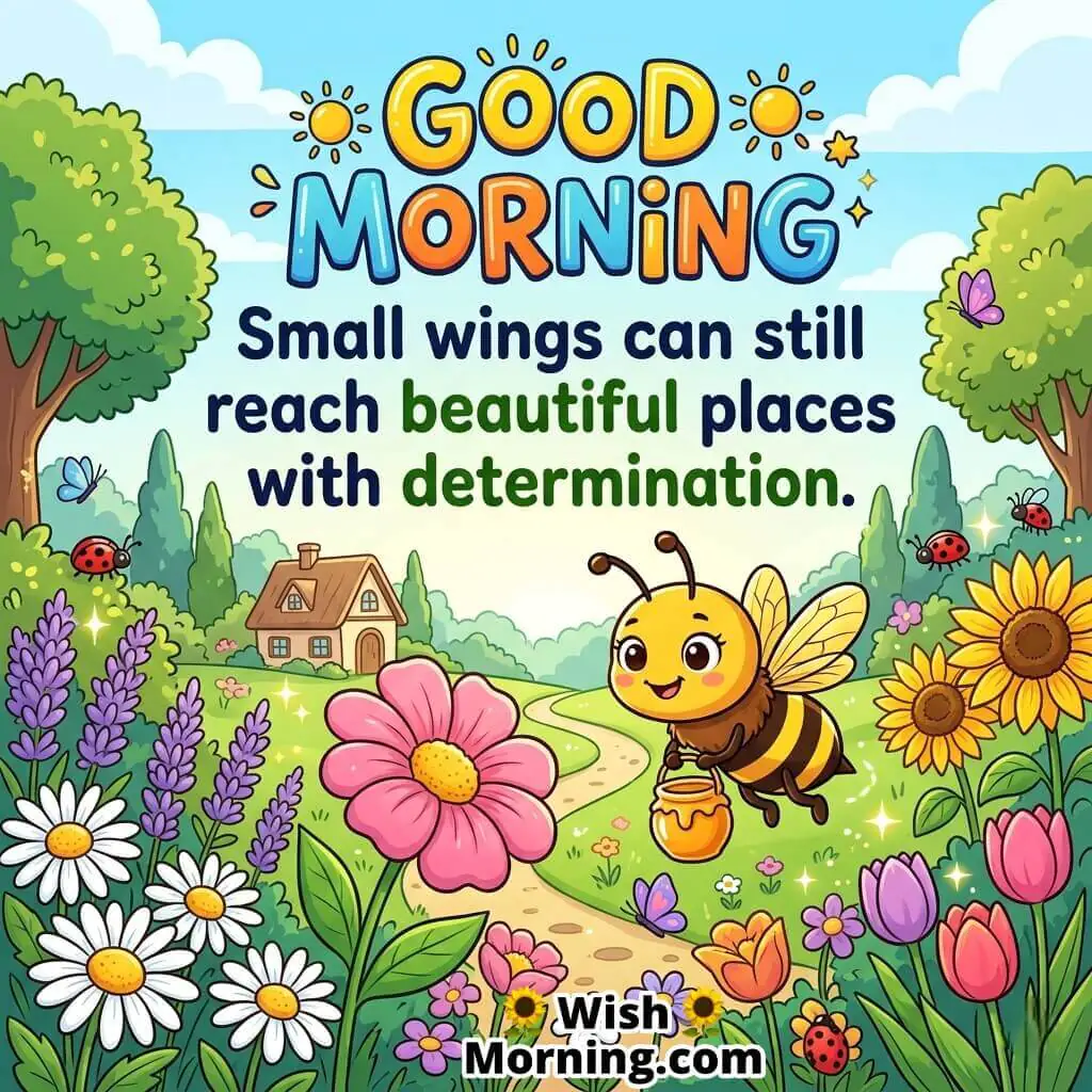 Motivational Good Morning Bee Determination Message Image featuring a cute bee carrying honey through a colorful flower path in a peaceful countryside, symbolizing determination, courage, and reaching beautiful goals.