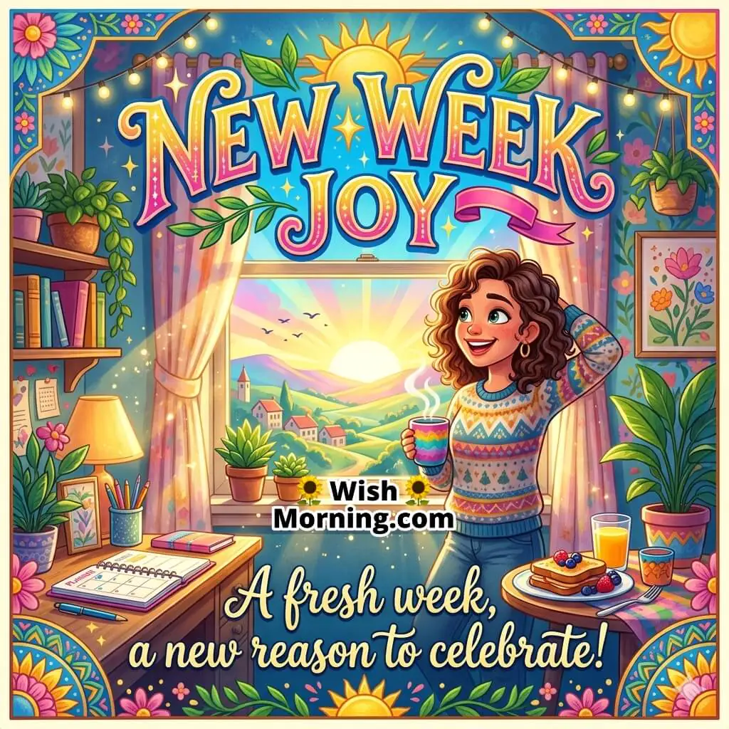 New Week Joy Happy Monday Celebration Wish featuring a smiling girl with coffee, cozy room, sunrise view, and warm decor symbolizing happiness and fresh weekly joy.