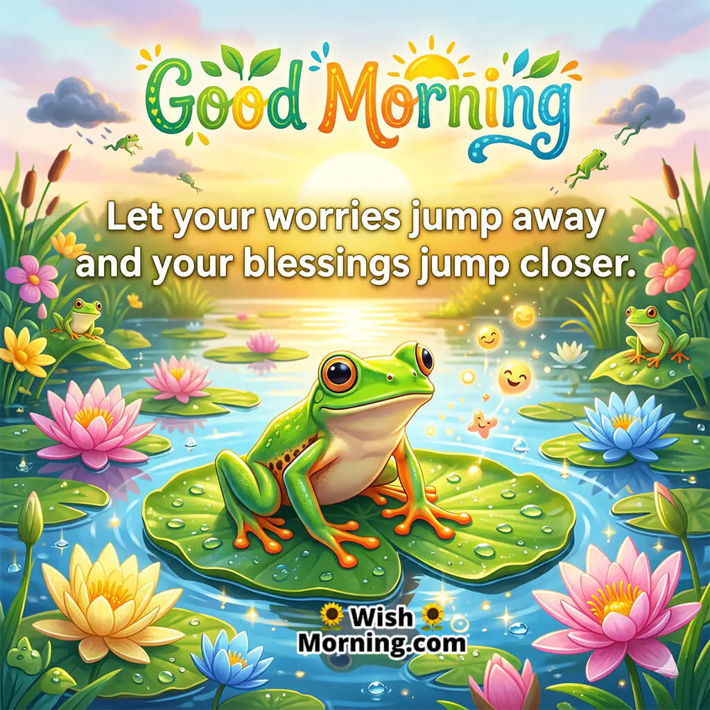 Peaceful Good Morning Frog Blessings Quote Image featuring a happy frog in a calm sunrise pond with blooming lilies and playful little frogs, symbolizing hope, positivity, and peaceful blessings.