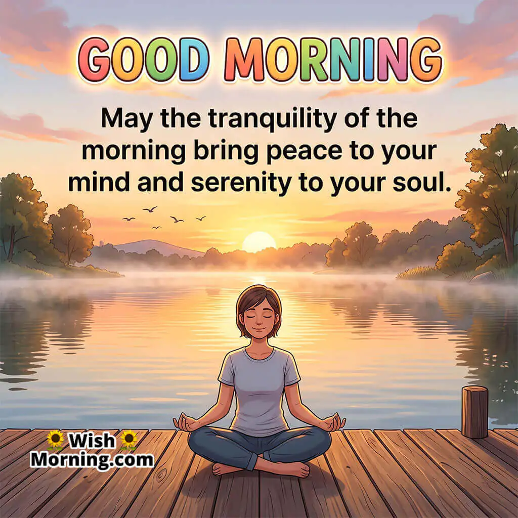 Peaceful Good Morning Quote for Tranquility and Serenity featuring calm person meditating beside a lakeside sunrise symbolizing inner peace and mindfulness
