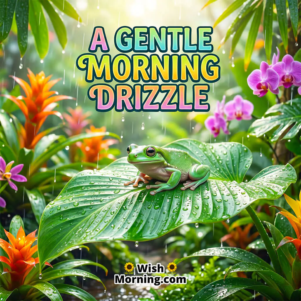 Peaceful Morning Drizzle Frog Nature Greeting Image featuring a calm green frog resting on a rain-covered leaf with tropical flowers and gentle drizzle, symbolizing peace, freshness, and soothing morning vibes.