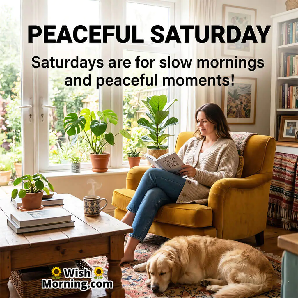 Peaceful Saturday Relaxing Morning Wish featuring a woman reading peacefully in a cozy living room with indoor plants and a sleeping dog symbolizing calmness, comfort, and slow weekend mornings.