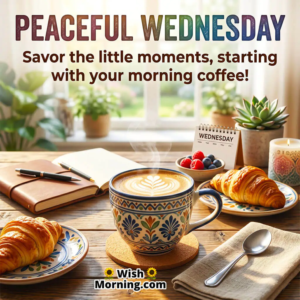 Peaceful Wednesday Coffee Moment Quote featuring a warm cup of coffee with croissants, notebook, and cozy morning table setup near a bright window symbolizing comfort, peace, and simple joyful moments.