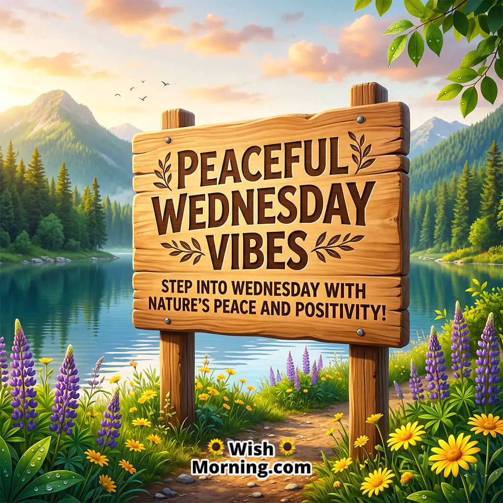 Peaceful Wednesday Nature Positivity Wish featuring a wooden sign beside a calm lake with mountains, green trees, and blooming flowers symbolizing peace, positivity, and a refreshing Wednesday morning.