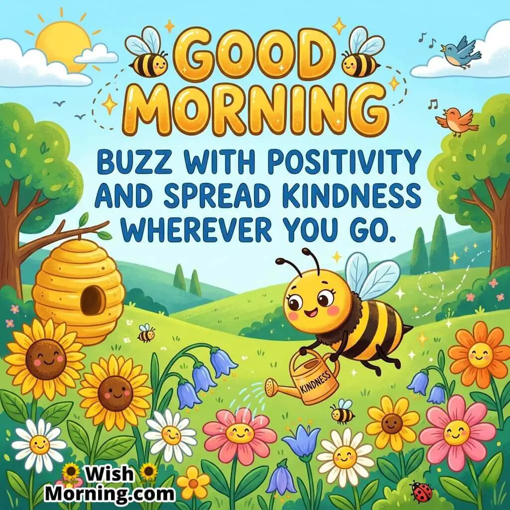 Positive Good Morning Bee Kindness Message Image featuring a smiling bee watering flowers in a cheerful garden beside a beehive and singing birds, symbolizing kindness, positivity, and spreading happiness everywhere.