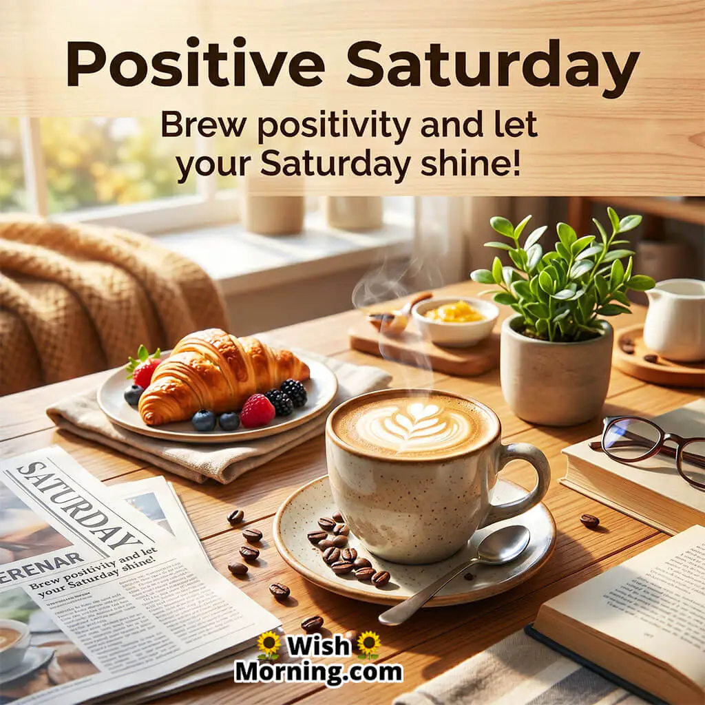 Positive Saturday Morning Motivation Message featuring a cozy coffee table with croissant, books, steaming coffee, and indoor plants near a sunny window symbolizing positivity, comfort, and a refreshing Saturday start.