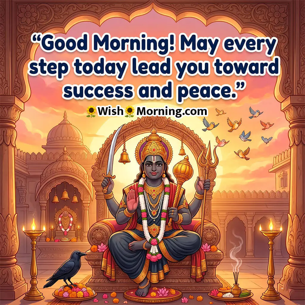 Positive Shani Dev Good Morning Wish Image with Sunrise Quote featuring peaceful road and temple under morning sky symbolizing hope progress and positivity.