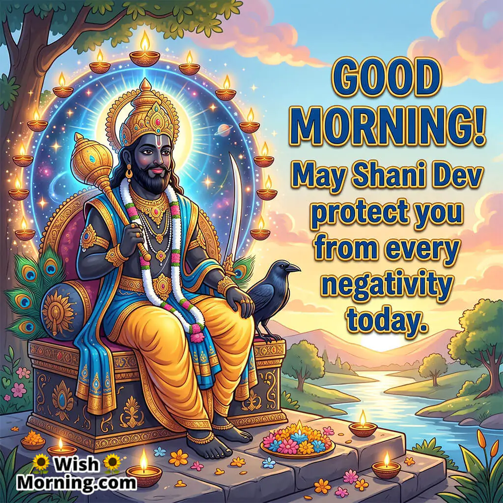 Powerful Shani Dev Protection Good Morning Image featuring glowing divine aura around Shani Dev with sunrise and diya symbolizing safety peace and spiritual protection.