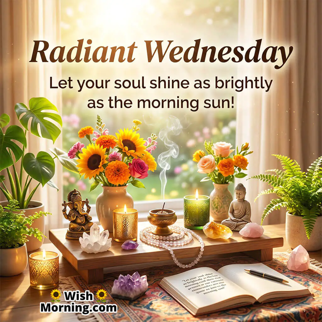 Radiant Wednesday Soul Blessing Quote featuring candles, flowers, crystals, incense, and peaceful spiritual decor near a glowing window symbolizing inner peace, positivity, and spiritual light.