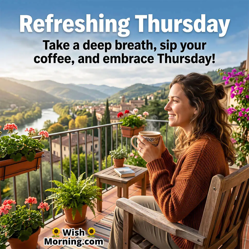 Refreshing Thursday Morning Motivation Quote Image featuring a smiling woman enjoying coffee on a peaceful balcony with scenic mountains and river views symbolizing relaxation, positivity, and a calm start to the day.