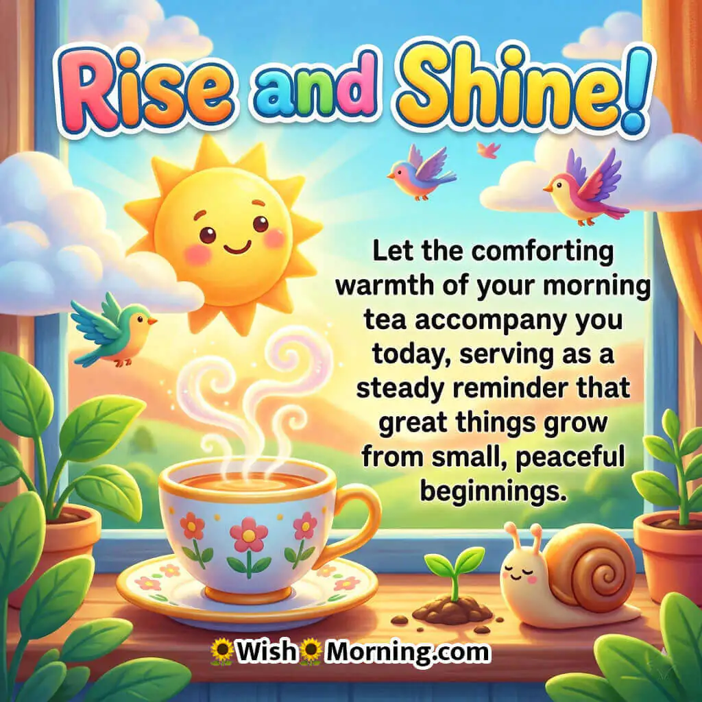 Rise and Shine Peaceful Tea Morning Image featuring a floral teacup near a glowing sunrise window with birds and tiny plants symbolizing peaceful beginnings and steady personal growth.