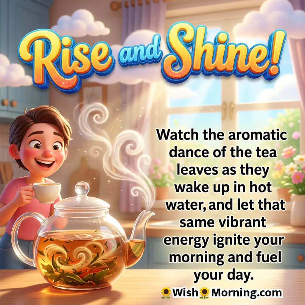 Rise and Shine Tea Energy Quote Image featuring a happy child watching aromatic tea leaves swirl inside a glass teapot in a sunny kitchen symbolizing fresh energy and joyful morning motivation.