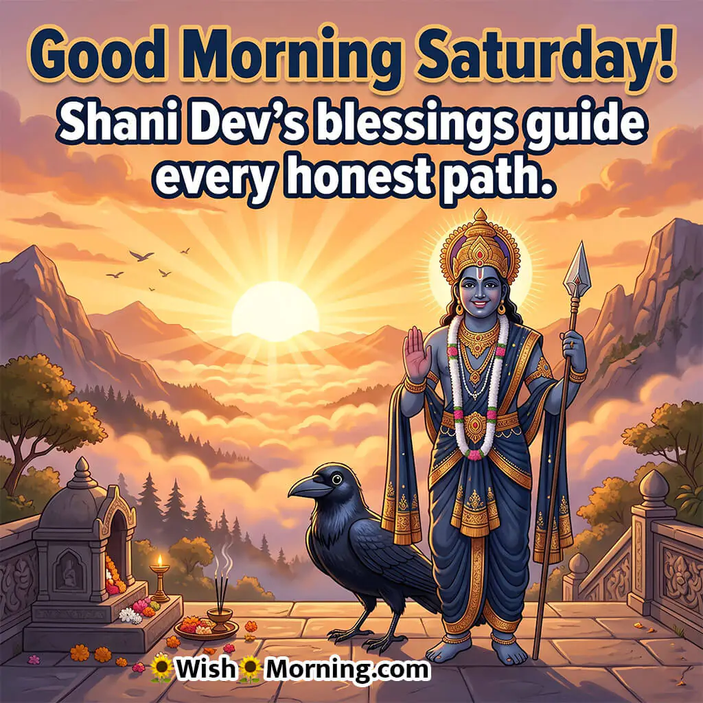 Saturday Good Morning Shani Dev Crow Image with Quote featuring Shani Dev and crow at sunrise symbolizing justice guidance and divine blessings.