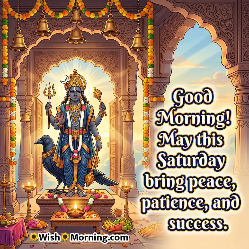 Saturday Good Morning Shani Dev Temple Image with Blessings featuring glowing temple bells and sunrise sky symbolizing peaceful and positive Saturday vibes.