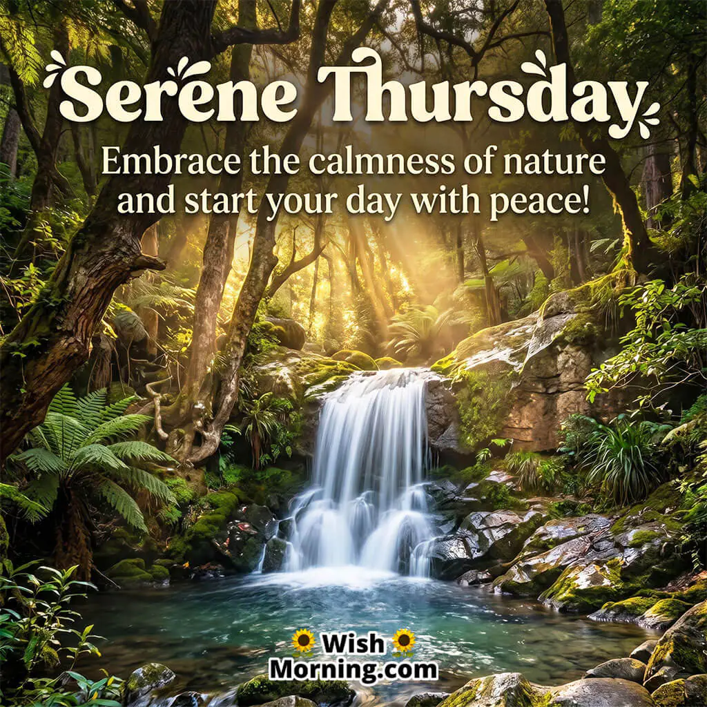 Serene Thursday Nature Peace Wish Image featuring a peaceful forest waterfall with golden sunlight flowing through the trees symbolizing calmness, natural beauty, and peaceful beginnings.