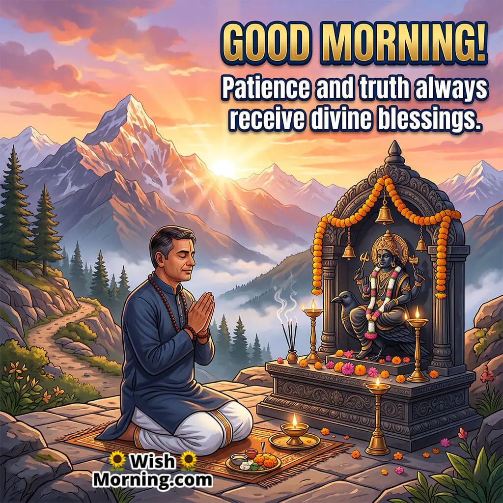 Shani Dev Good Morning Motivational Quote Image featuring devotee praying near mountain sunrise symbolizing patience truth and spiritual strength.