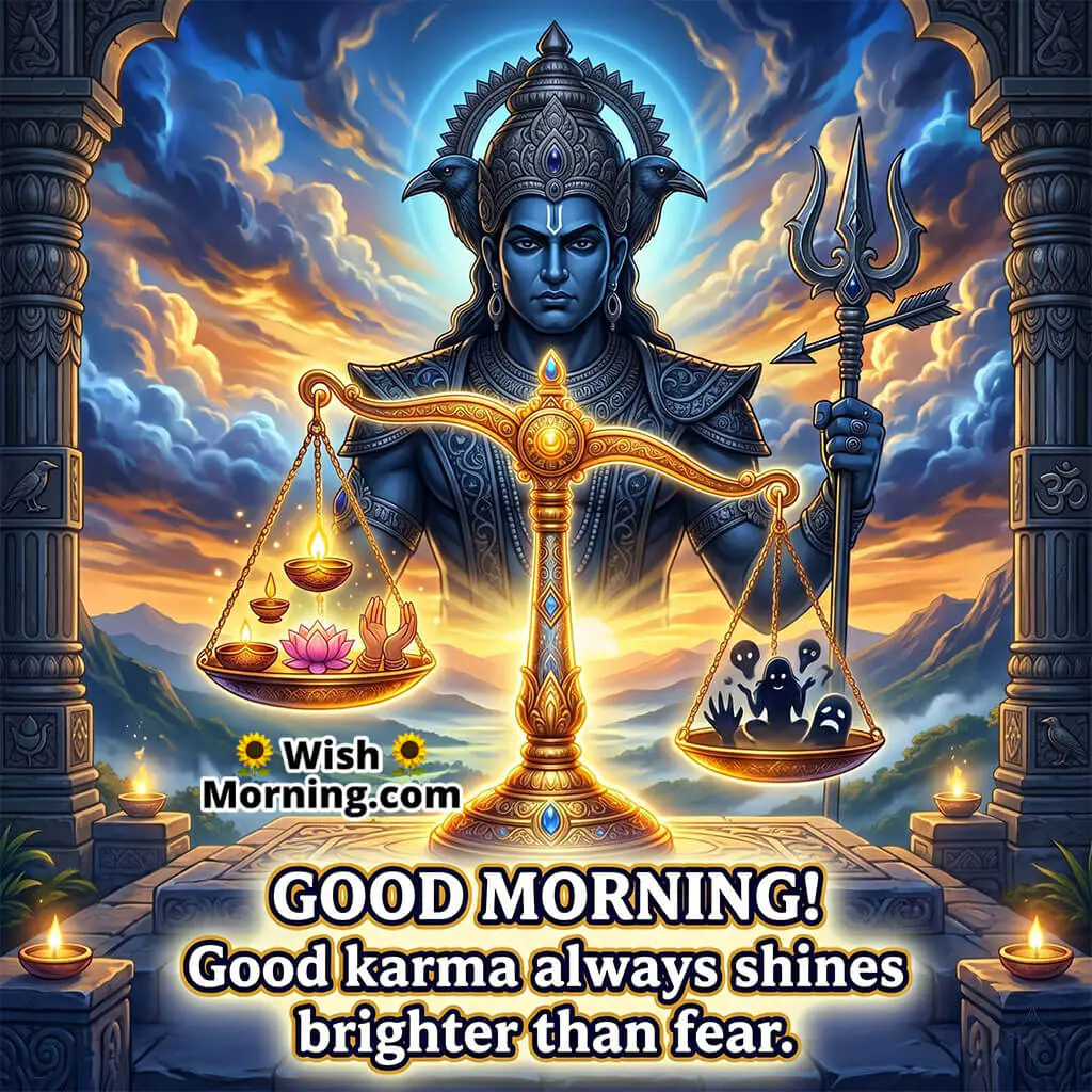 Shani Dev Good Morning Quote Image about Karma featuring weighing scale sunrise and divine aura symbolizing justice honesty and positive karma.