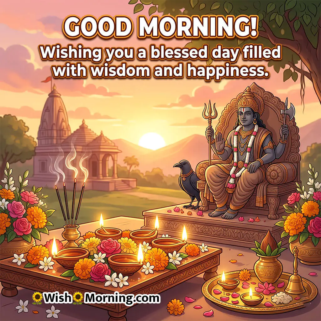 Shani Dev Good Morning Wishes Image with Positive Message featuring diyas flowers and devotional sunrise setup symbolizing happiness peace and blessings.