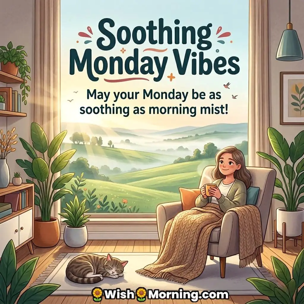 Soothing Monday Vibes Calm Peaceful Wish featuring a person relaxing with coffee, soft sunlight through window, indoor plants, and misty landscape symbolizing relaxation and peace.