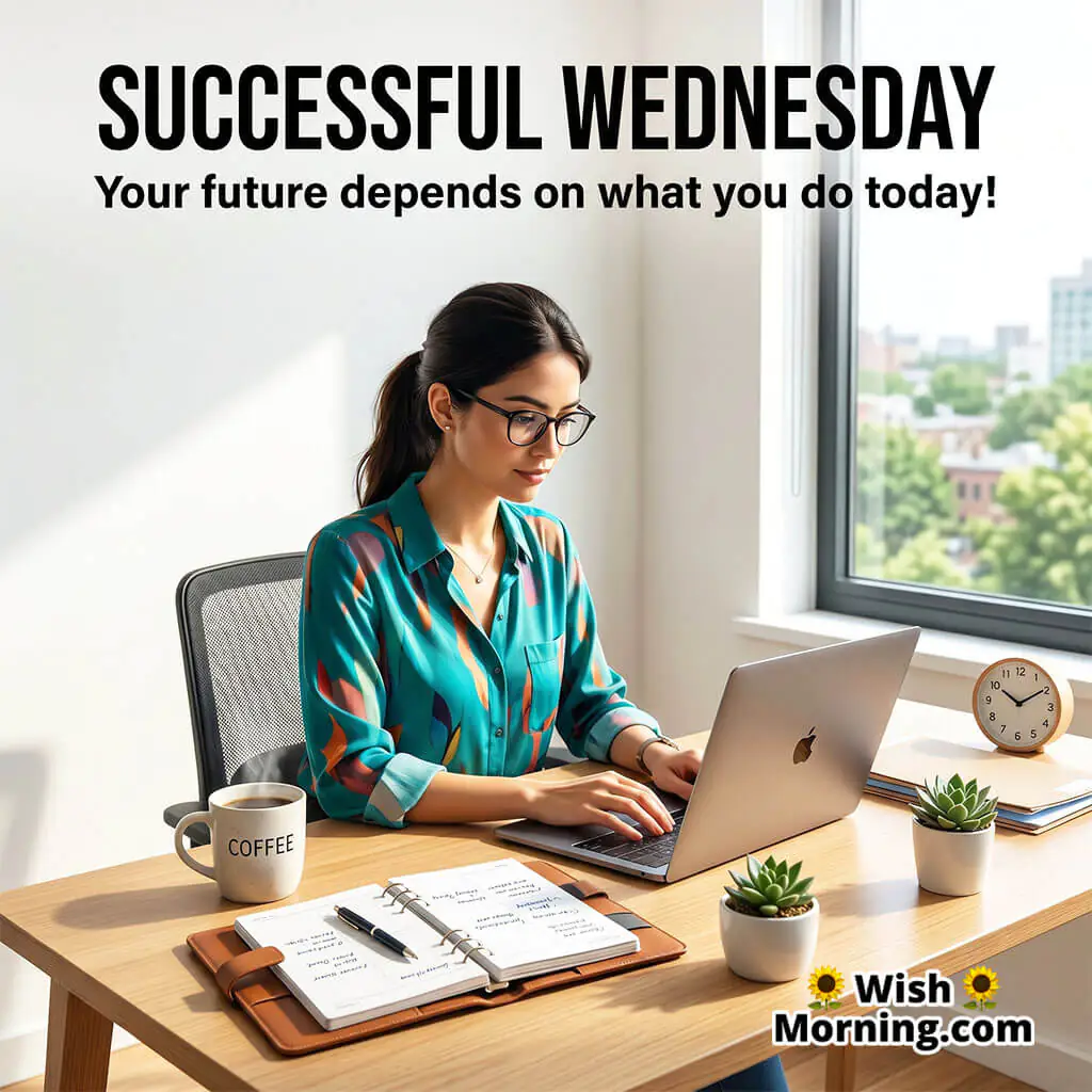 Successful Wednesday Motivation Quote featuring a focused woman working on a laptop in a bright modern workspace symbolizing dedication, productivity, and success on Wednesday.