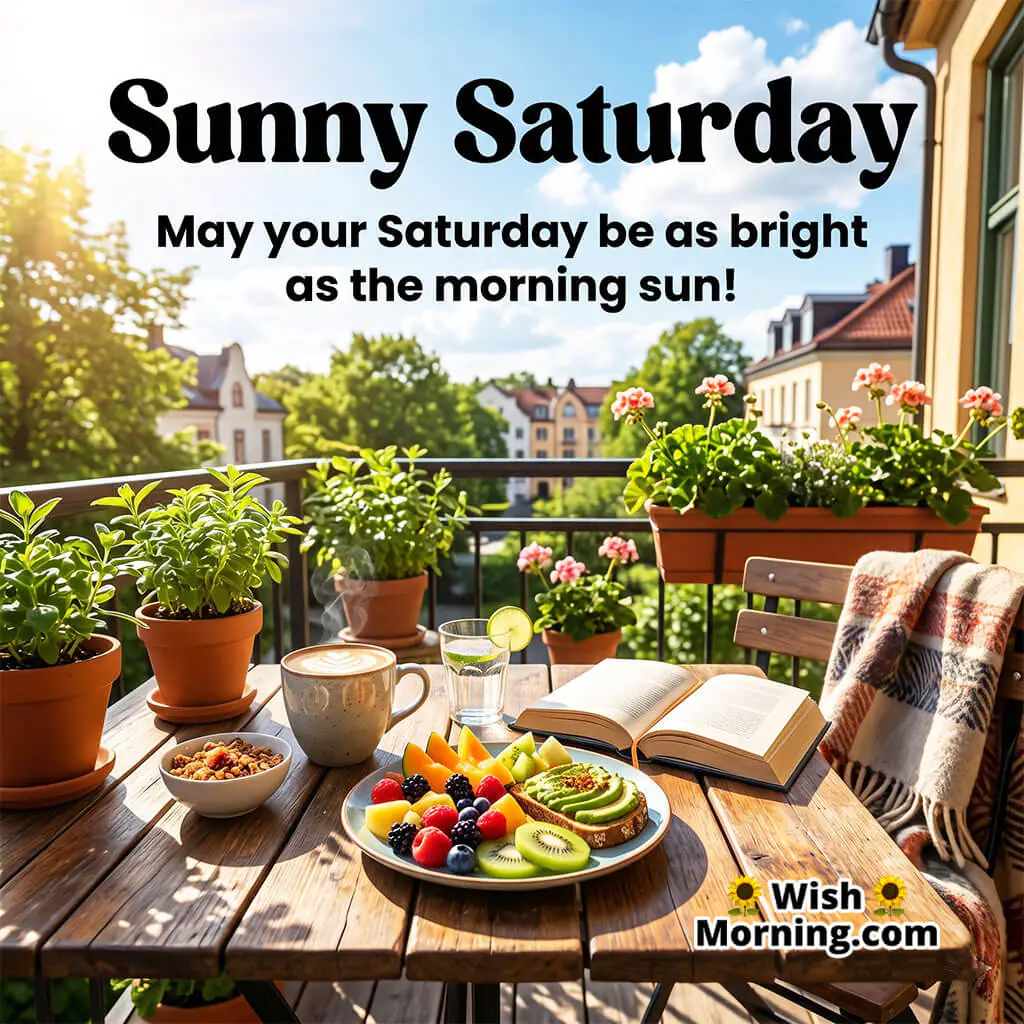 Sunny Saturday Morning Happiness Quote featuring a bright balcony breakfast setup with coffee, fruits, plants, and warm sunlight symbolizing freshness, positivity, and a joyful Saturday morning.
