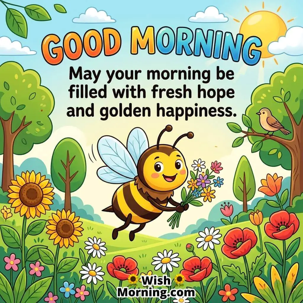 Sweet Good Morning Happiness Wish Image featuring a smiling bee holding flowers while flying through a peaceful garden with blooming sunflowers and trees, symbolizing fresh hope, happiness, and joyful mornings.