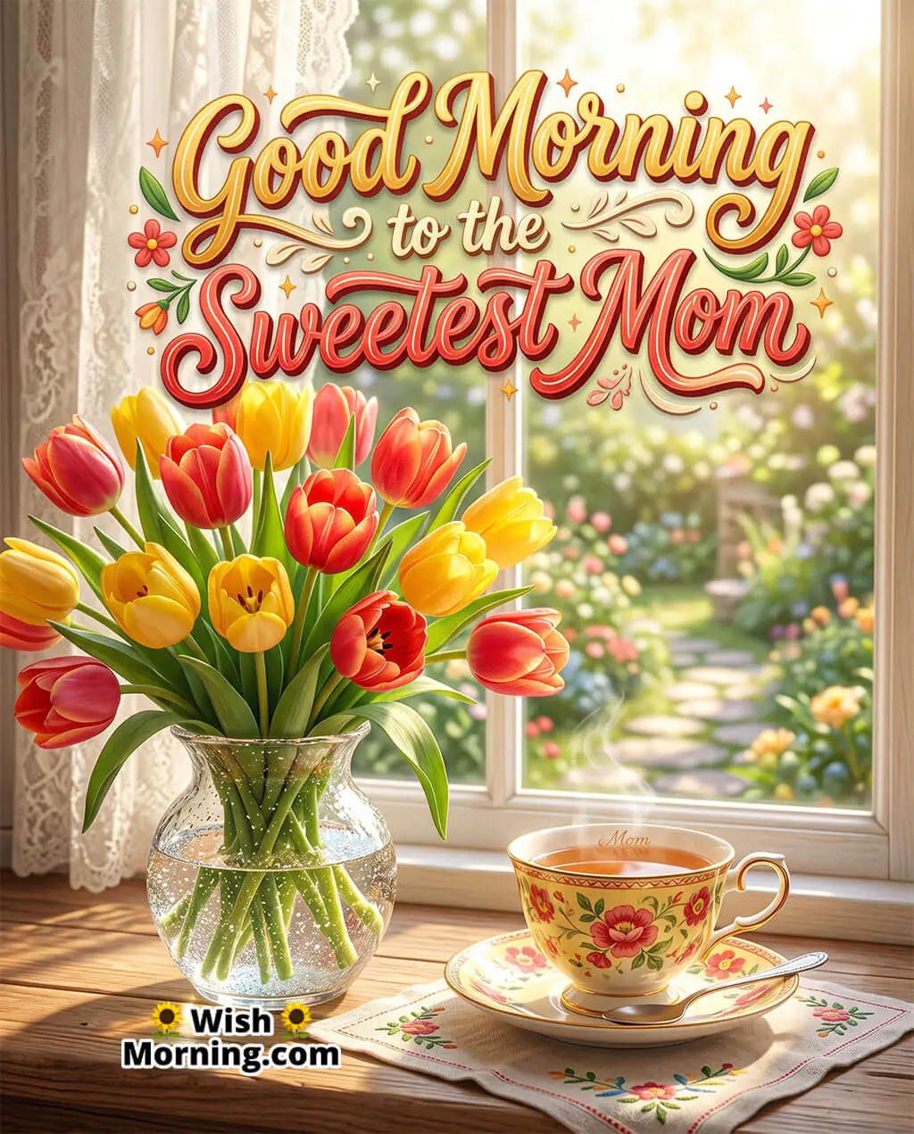 Sweetest Mom Good Morning Message Pic with Tulips featuring bright tulips in a glass vase beside a floral tea cup near a window and garden view, symbolizing comfort, gratitude, and a cheerful morning greeting.