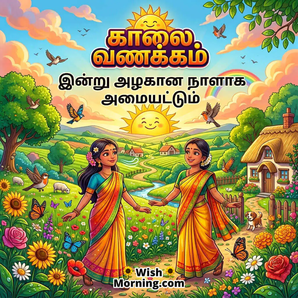 Tamil Good Morning Beautiful Day Wish featuring cheerful countryside sunrise and blooming flowers symbolizing happiness and positivity