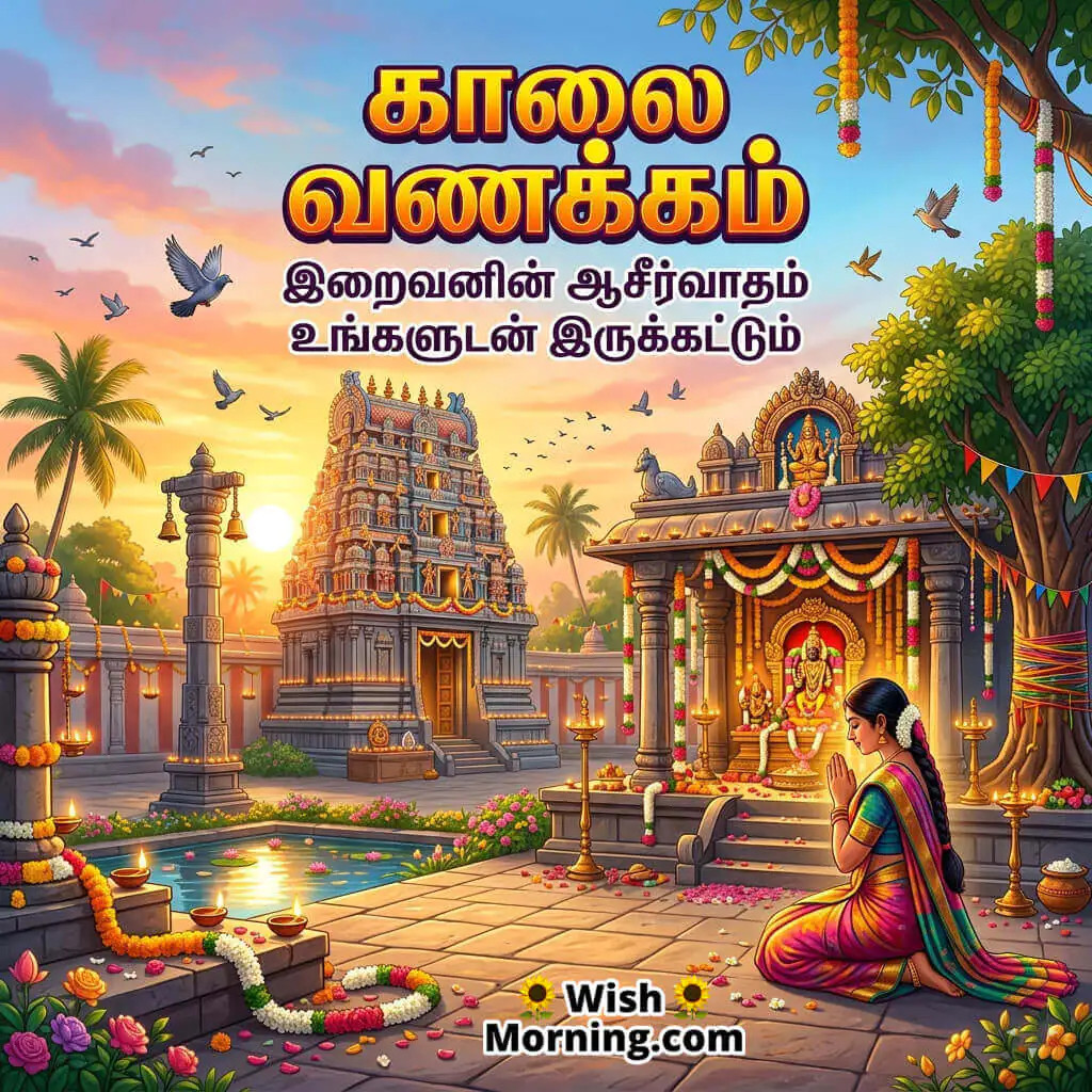 Tamil Good Morning Blessings Message Image featuring devotee praying at sunrise temple symbolizing faith and divine blessings
