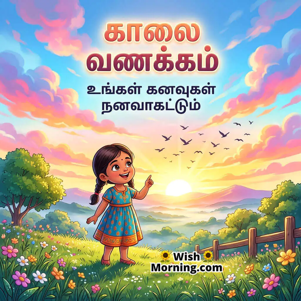 Tamil Good Morning Dream Wish Image featuring cheerful girl watching colorful sunrise sky symbolizing dreams, hope, and inspiration