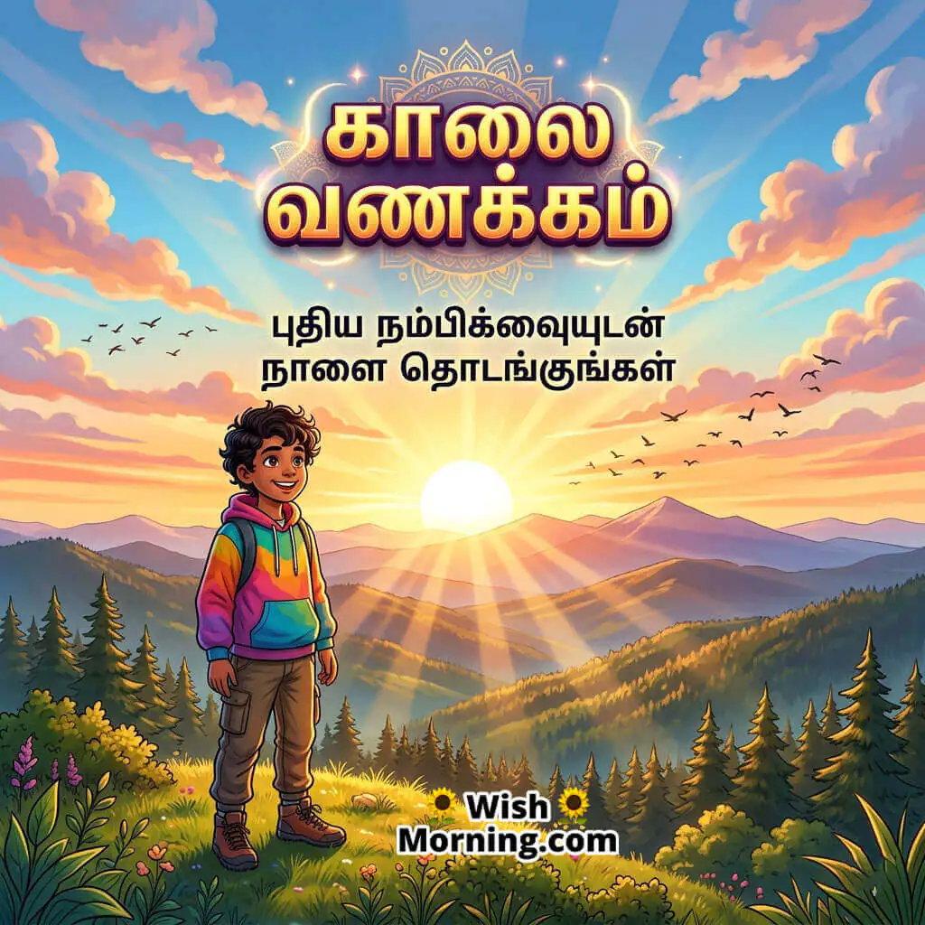 Tamil Good Morning Hope Quote Image featuring person watching sunrise from hilltop symbolizing fresh beginnings and optimism