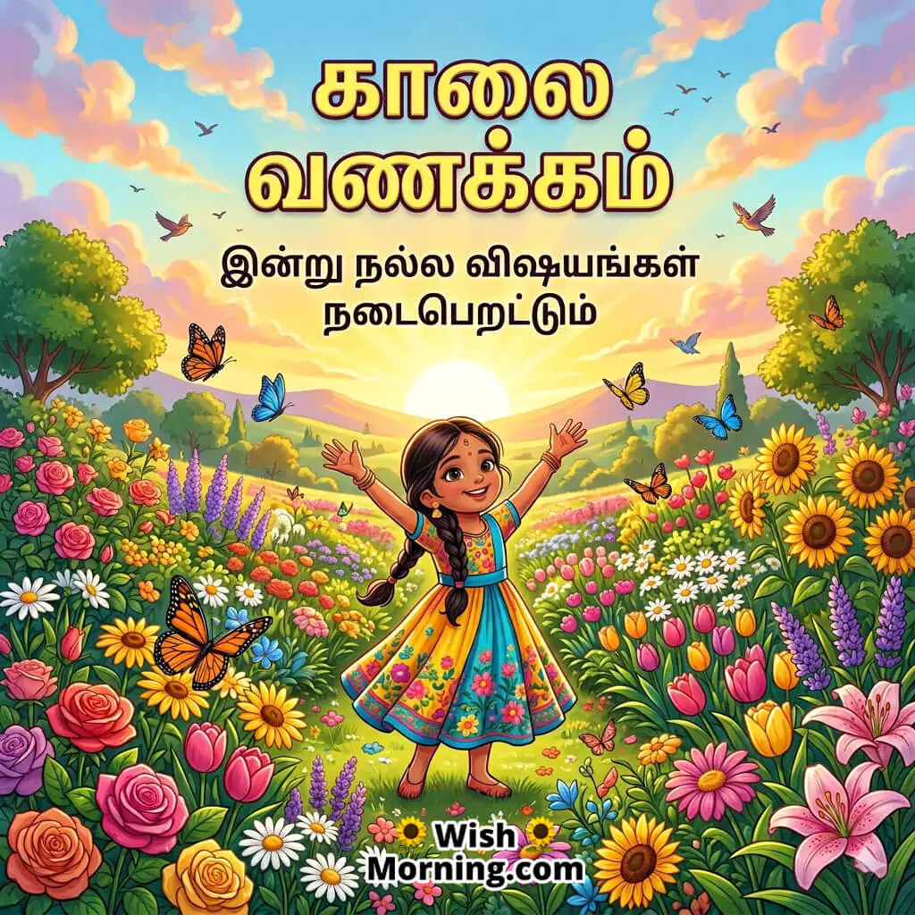 Tamil Good Morning Message for Positive Day featuring cheerful flower garden and sunrise symbolizing happiness and good opportunities