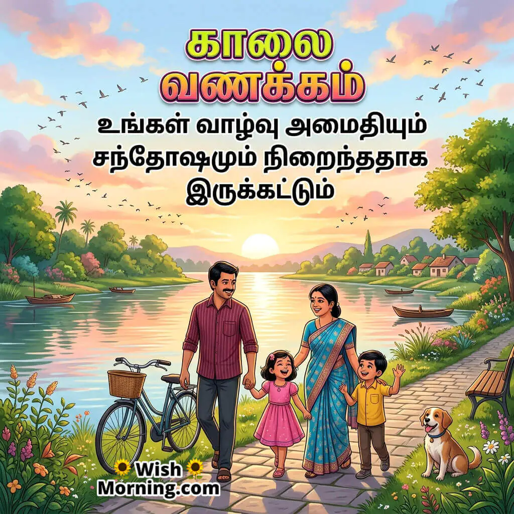 Tamil Good Morning Peace and Happiness Wish featuring family near peaceful riverside sunrise symbolizing harmony and joyful life