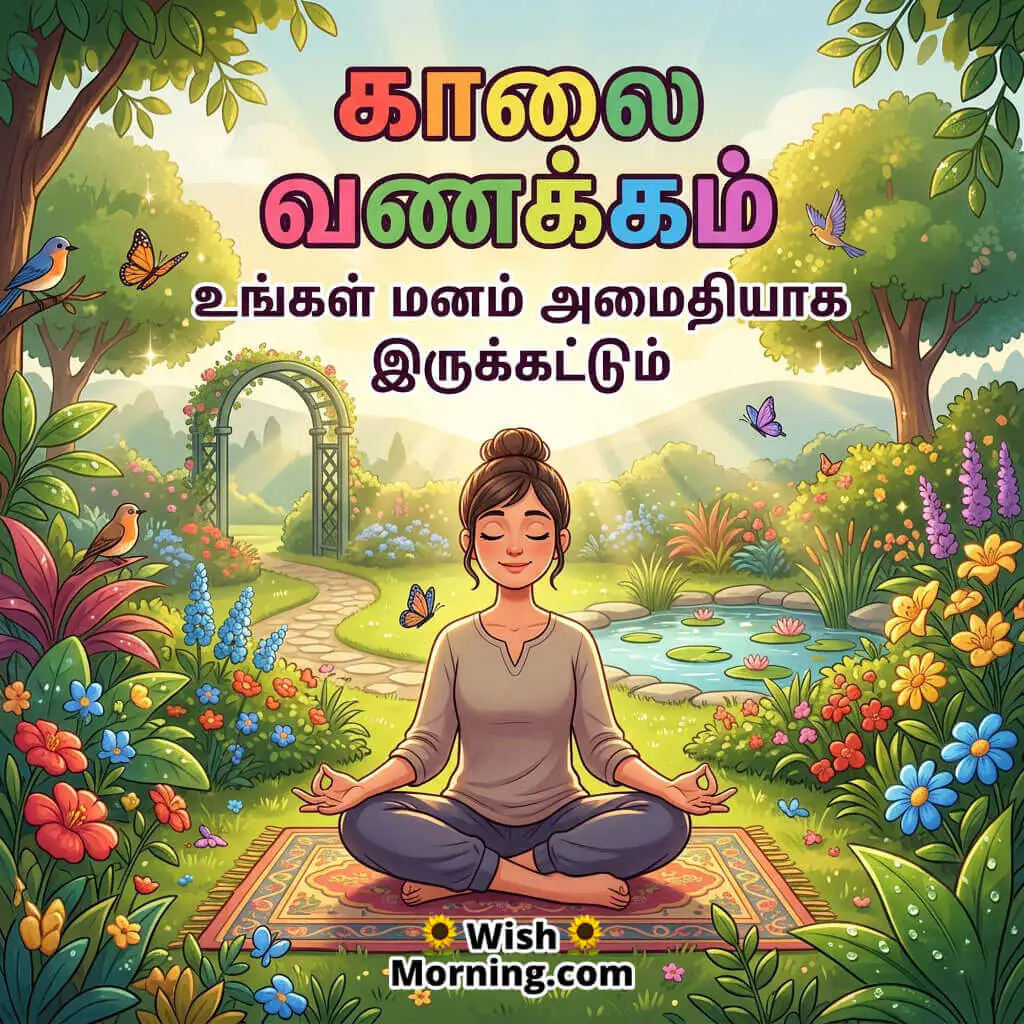 Tamil Good Morning Peaceful Mind Quote featuring person meditating in colorful sunrise garden symbolizing calmness and relaxation