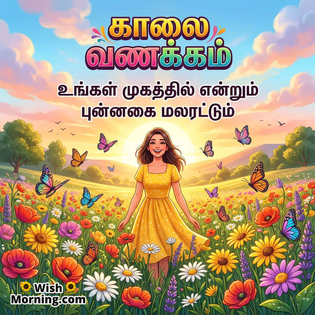 Tamil Good Morning Smile Wish Photo featuring smiling woman in colorful flower field symbolizing joy and cheerful energy