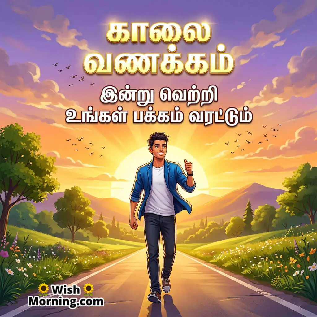 Tamil Good Morning Success Wish Image featuring confident young man walking toward sunrise symbolizing achievement and positive energy
