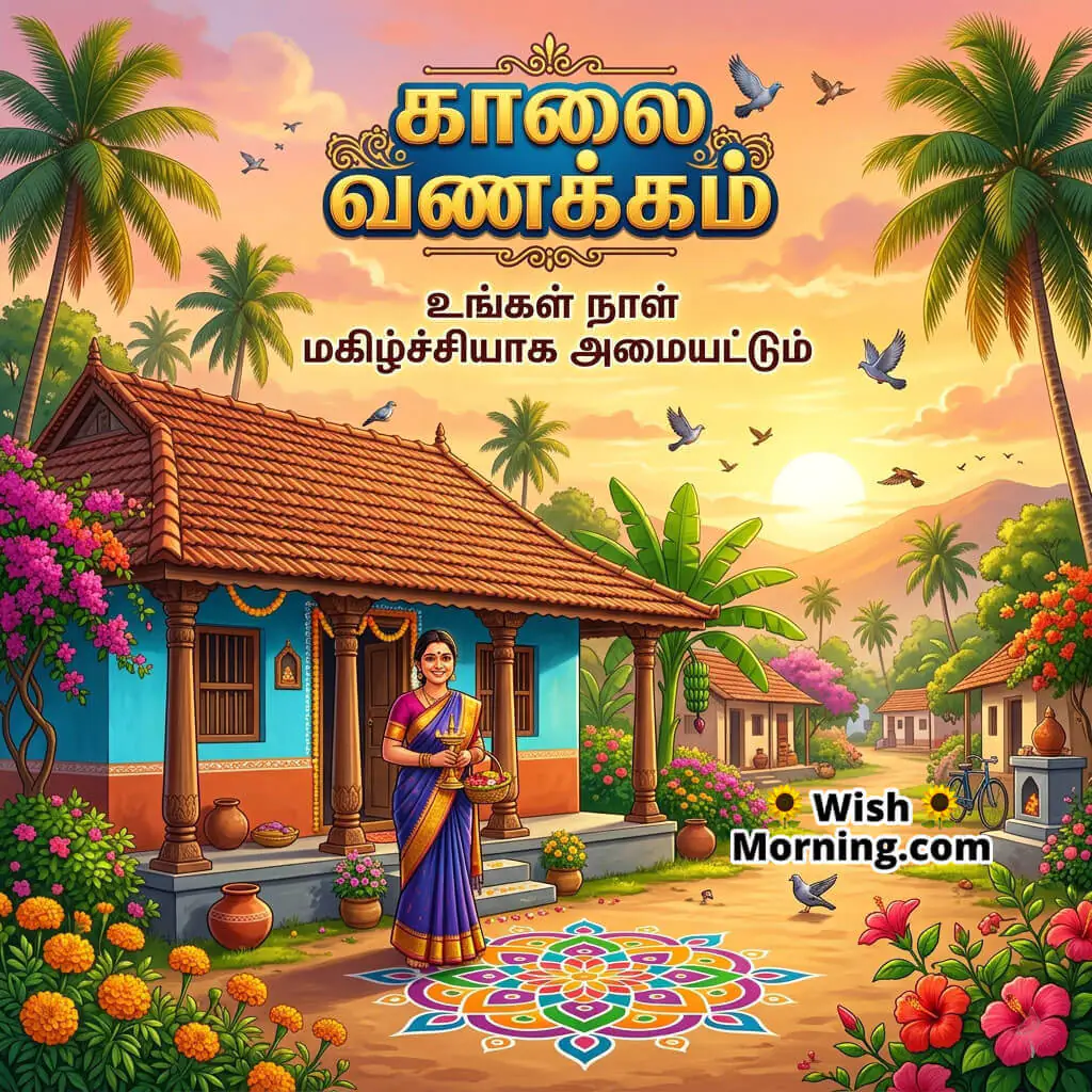 Tamil Good Morning Wish Image for Happy Day featuring peaceful village sunrise and smiling woman symbolizing joy and positivity